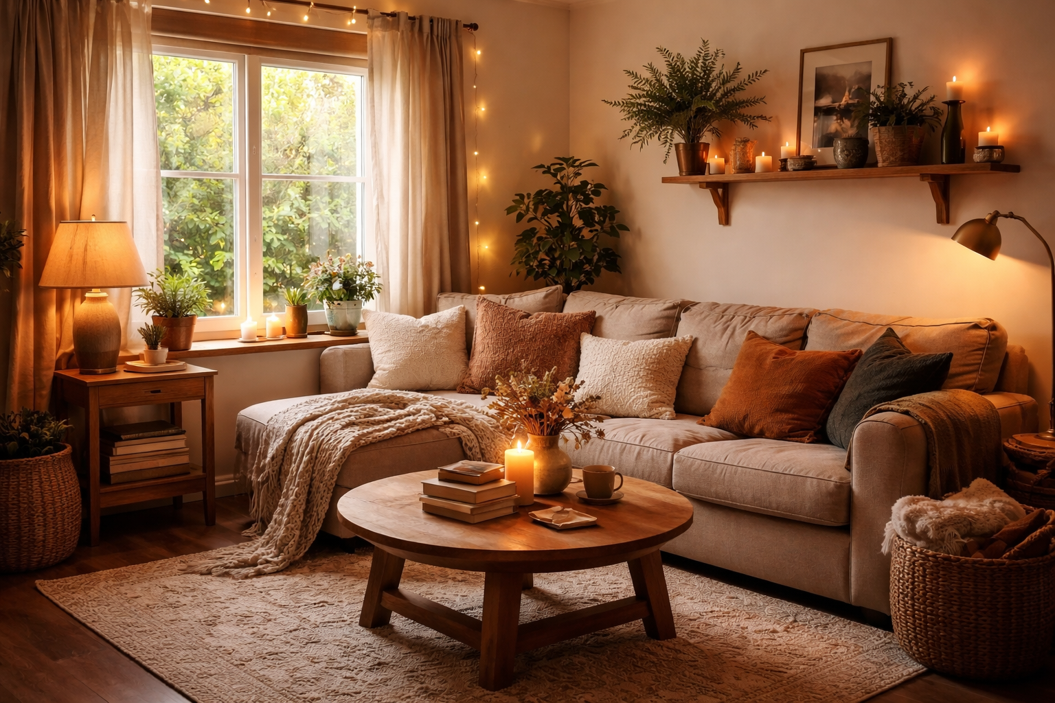 A warm, candlelit Cozy Homes living room